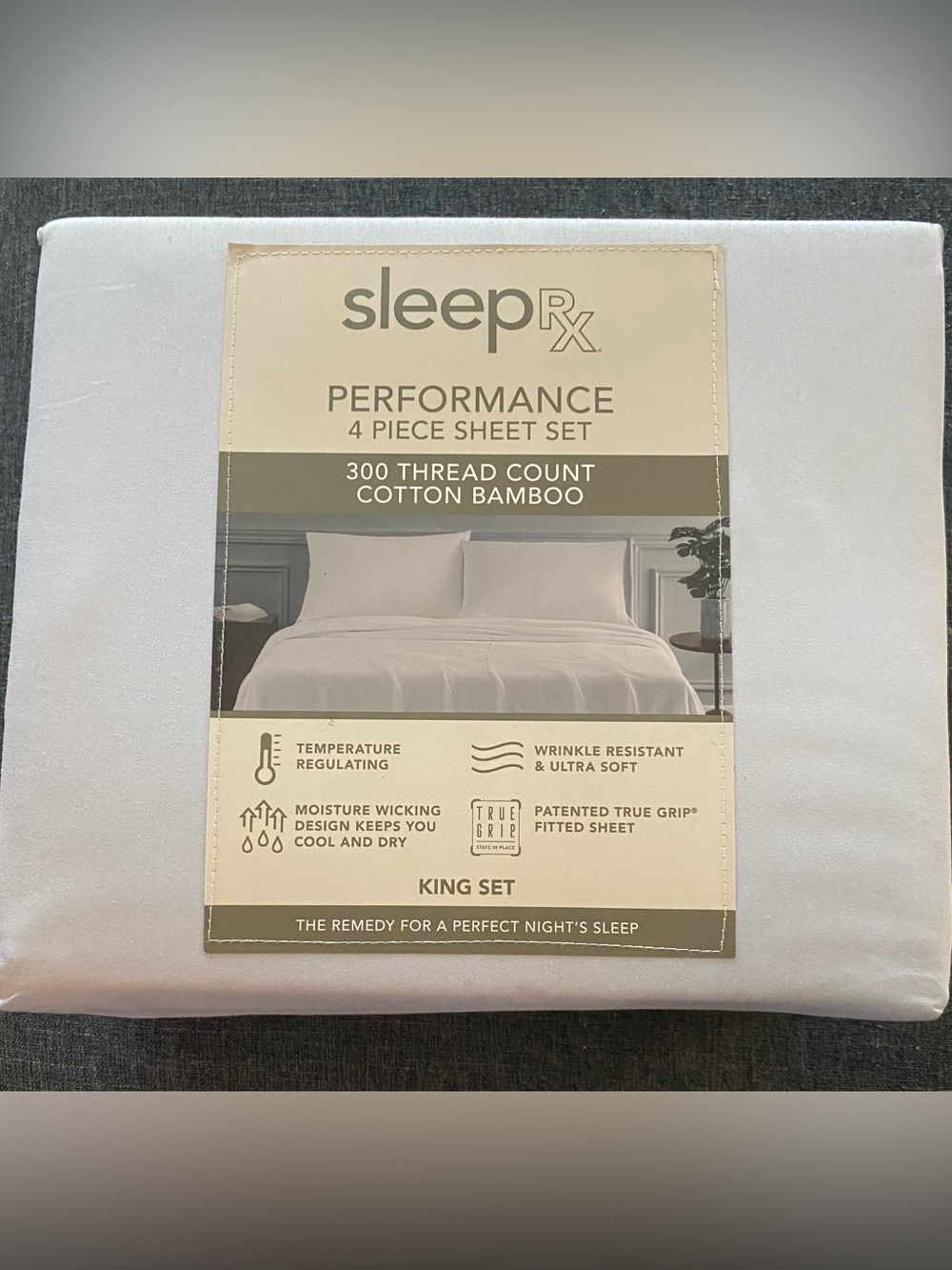 NWT KING SleepRx Performance 4-Piece Sheet Set light blue / plein air $200 MSRP